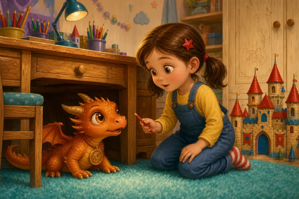 Sofia incontra il piccolo drago color rame Brillo sotto la scrivania