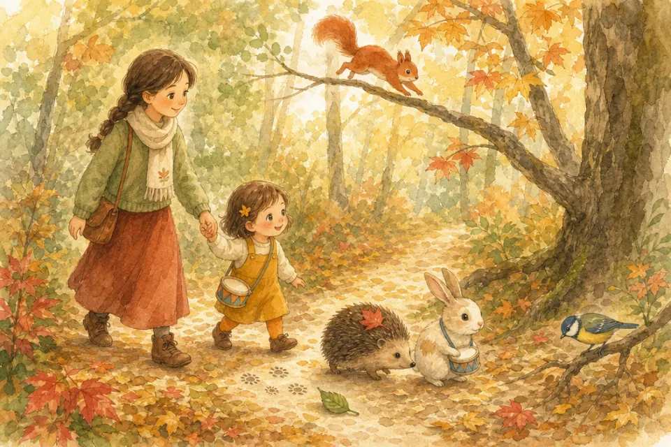 Nina cammina con la mamma lungo un sentiero nel bosco autunnale