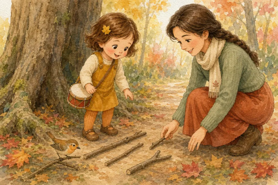 Nina cammina con la mamma lungo un sentiero nel bosco autunnale