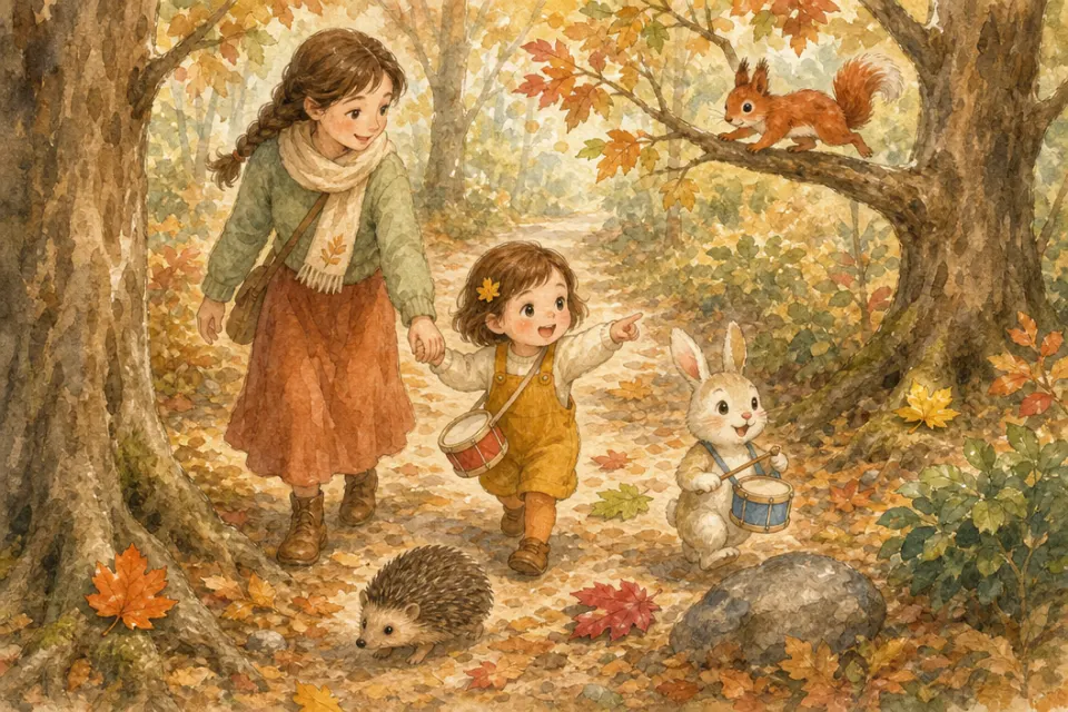 Nina cammina con la mamma lungo un sentiero nel bosco autunnale