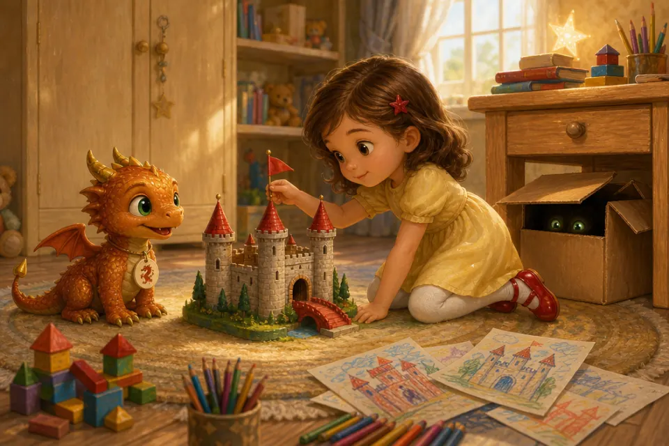 Sofia incontra il piccolo drago color rame Brillo sotto la scrivania