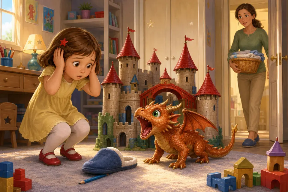 Sofia incontra il piccolo drago color rame Brillo sotto la scrivania