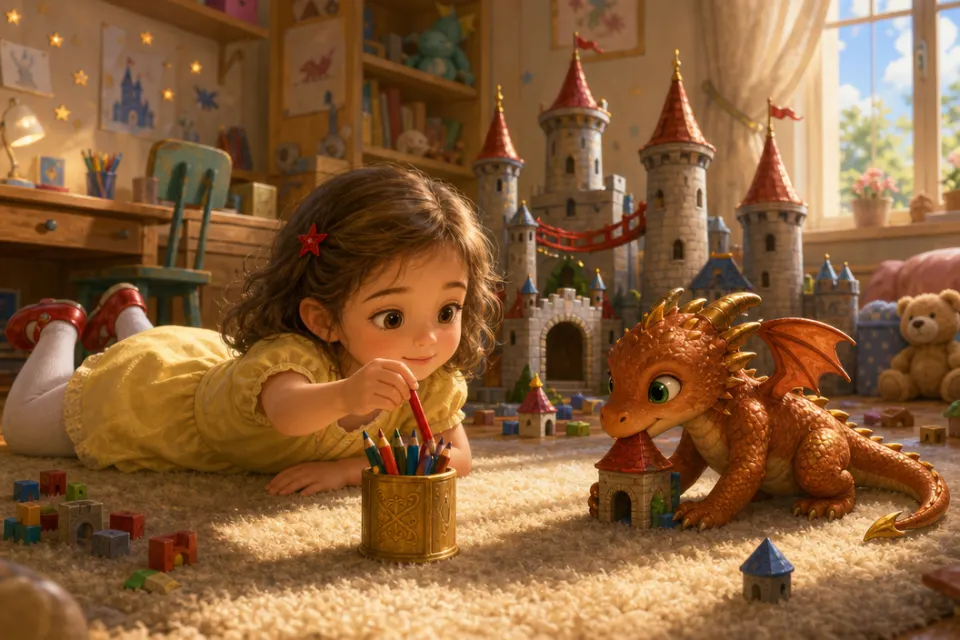 Sofia incontra il piccolo drago color rame Brillo sotto la scrivania